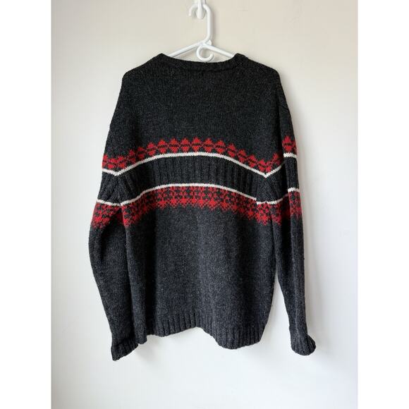 VINTAGE Structure Sweater Men Large Gray Red 100% Wool Nordic Grandpa - Picture 2 of 9